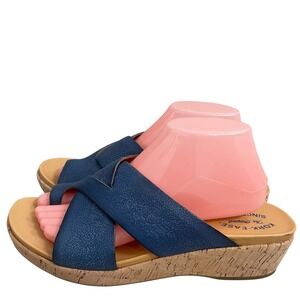 Kork Ease Women's Blue Leather‎ Cross Toe Ring Cork Wedge Sandals Size 10M EUC